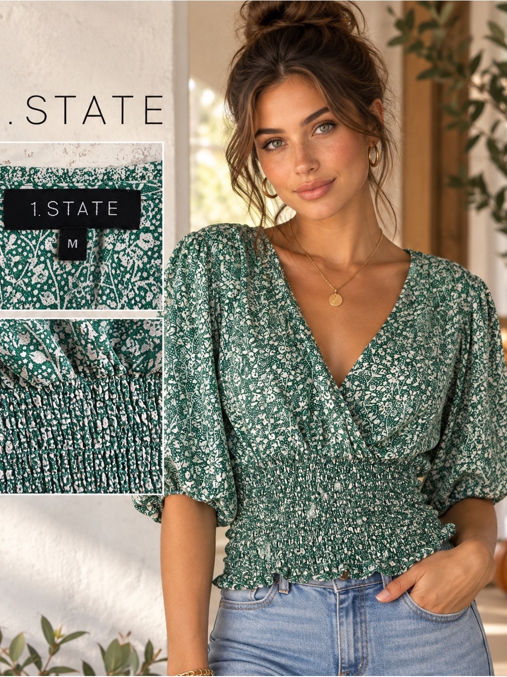 1. State Green Floral Wrap Smocked Waist Blouse